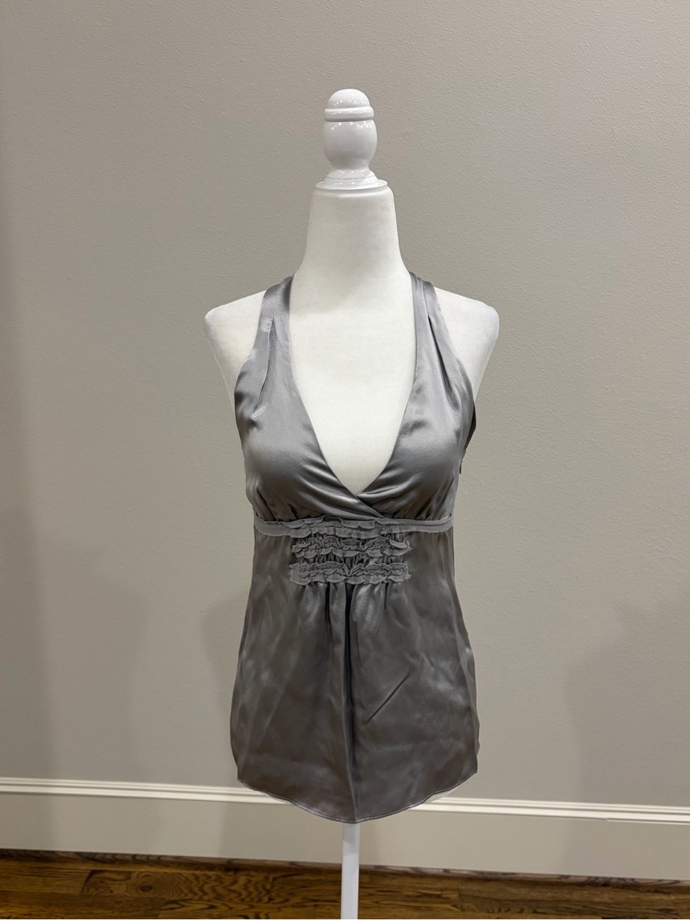 BCBGMaxAzria platinum silk woven halter with ruffle details 🩶